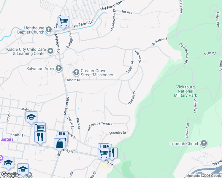 map of restaurants, bars, coffee shops, grocery stores, and more near 358 Marian Lane in Vicksburg
