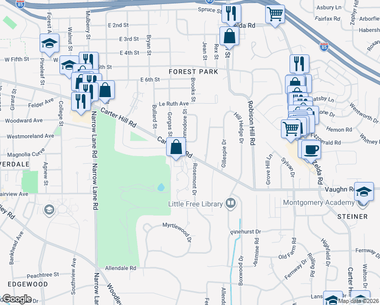 map of restaurants, bars, coffee shops, grocery stores, and more near 2457 Carter Hill Road in Montgomery