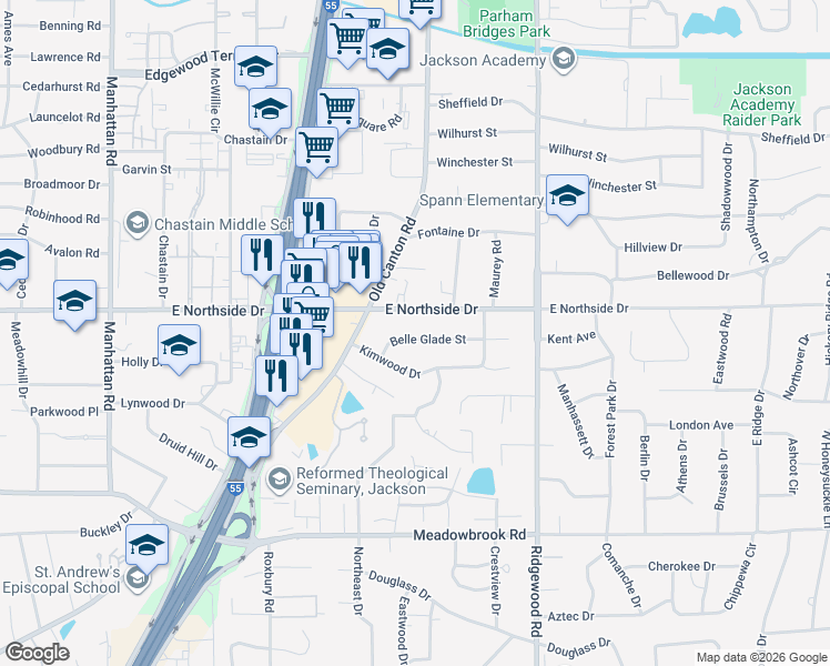 map of restaurants, bars, coffee shops, grocery stores, and more near 1420 Belle Glade Street in Jackson