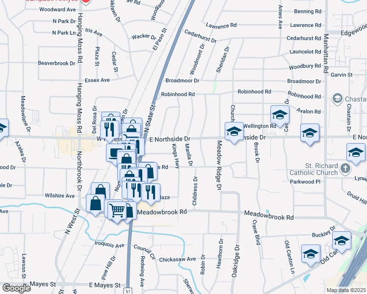 map of restaurants, bars, coffee shops, grocery stores, and more near 4551 Manila Drive in Jackson