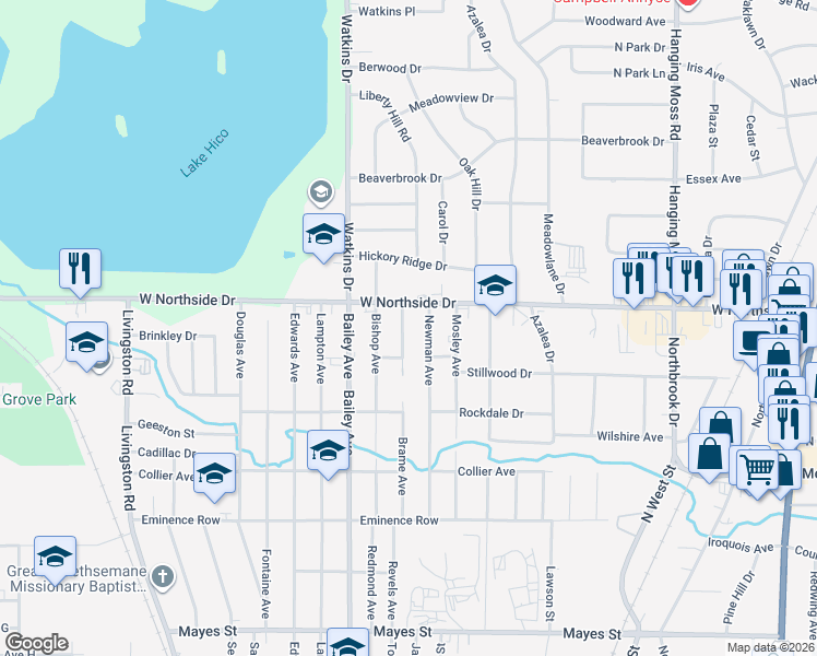 map of restaurants, bars, coffee shops, grocery stores, and more near 3834 Brame Avenue in Jackson
