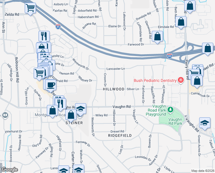 map of restaurants, bars, coffee shops, grocery stores, and more near 1743 Croom Drive in Montgomery