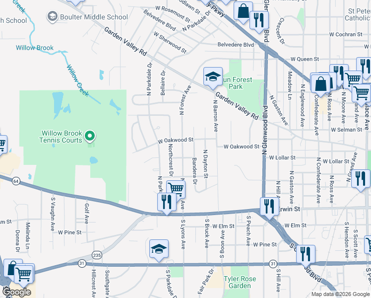 map of restaurants, bars, coffee shops, grocery stores, and more near 504 North Forest Avenue in Tyler