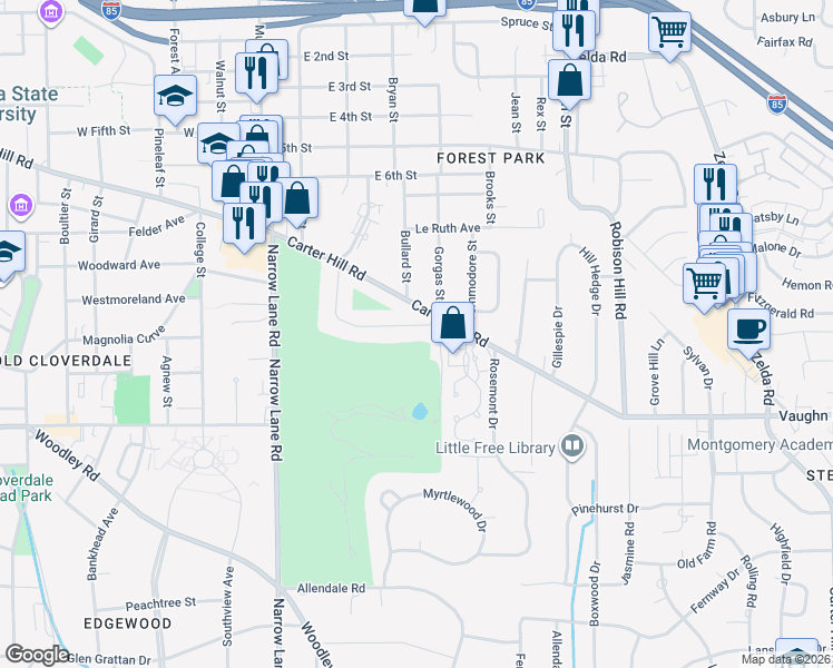 map of restaurants, bars, coffee shops, grocery stores, and more near 2282 Country Club Dr in Montgomery