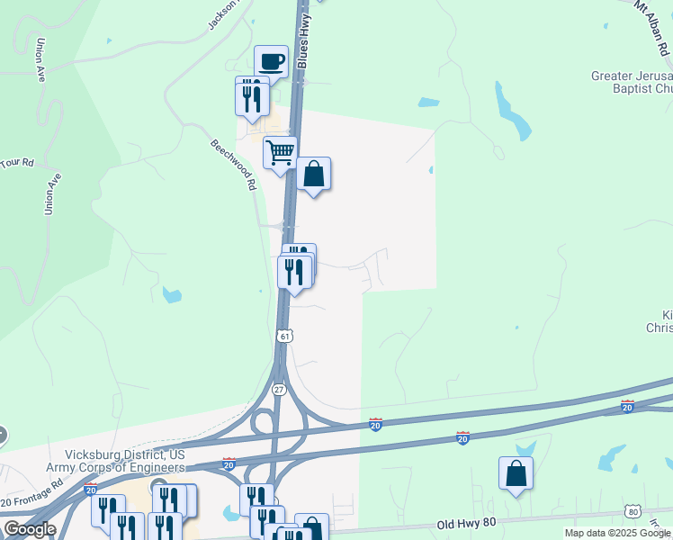 map of restaurants, bars, coffee shops, grocery stores, and more near 780 U.S. 61 in Vicksburg