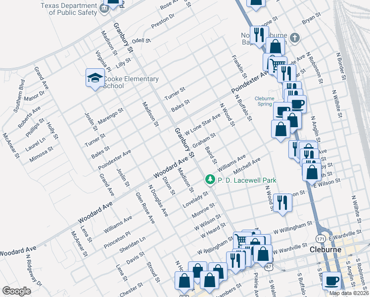 map of restaurants, bars, coffee shops, grocery stores, and more near 907 West Lone Star Avenue in Cleburne