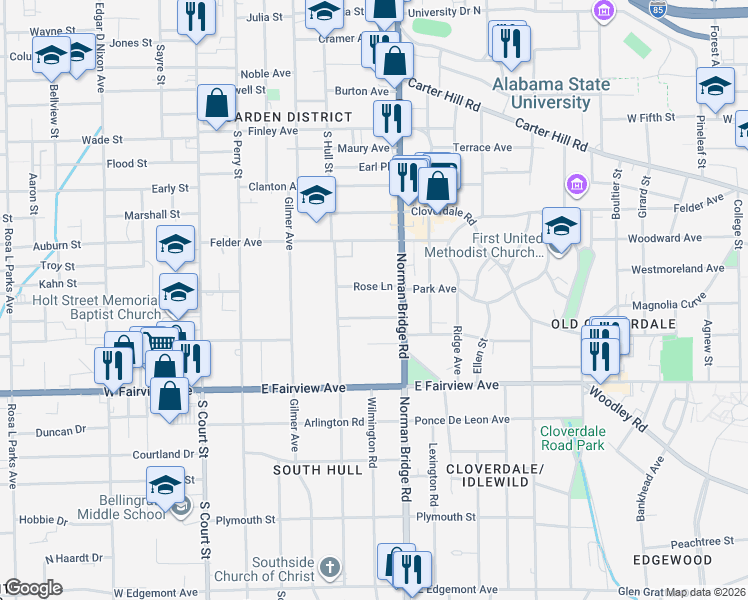 map of restaurants, bars, coffee shops, grocery stores, and more near 358 Rose Lane in Montgomery