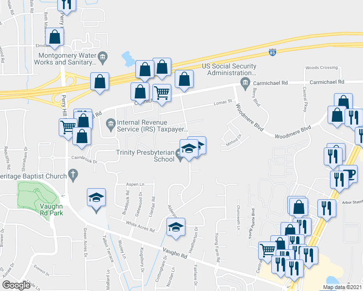 map of restaurants, bars, coffee shops, grocery stores, and more near 4156 Denton Drive in Montgomery