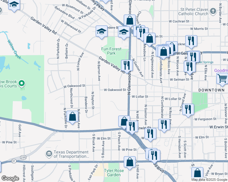 map of restaurants, bars, coffee shops, grocery stores, and more near 1908 West Oakwood Street in Tyler