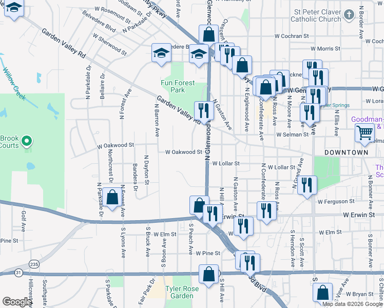 map of restaurants, bars, coffee shops, grocery stores, and more near 1806 West Oakwood Street in Tyler