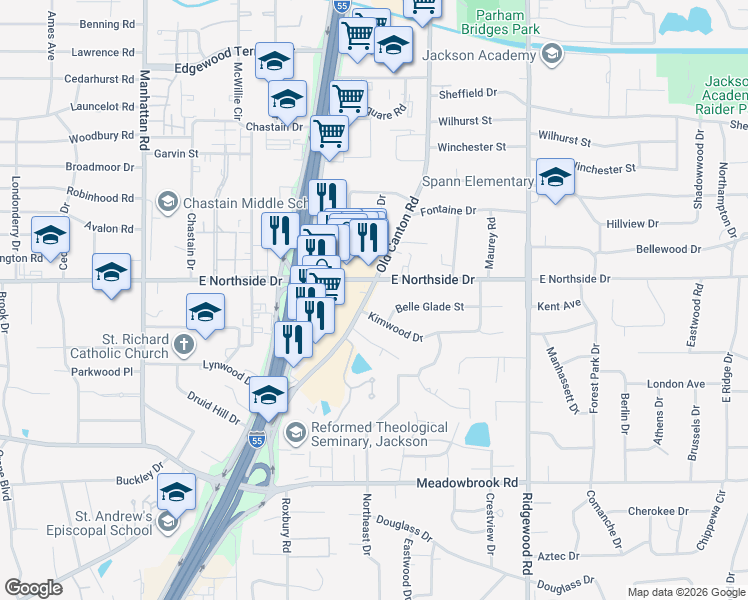 map of restaurants, bars, coffee shops, grocery stores, and more near 4570 Old Canton Road in Jackson
