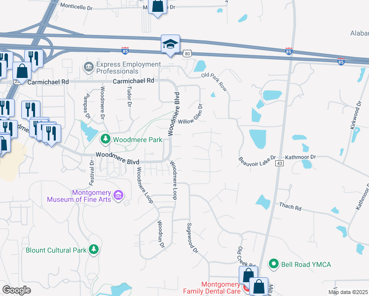 map of restaurants, bars, coffee shops, grocery stores, and more near 6124 Heidi Place in Montgomery