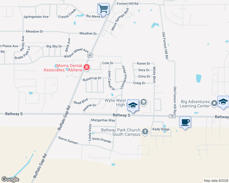 map of restaurants, bars, coffee shops, grocery stores, and more near 7758 John Carroll Drive in Abilene