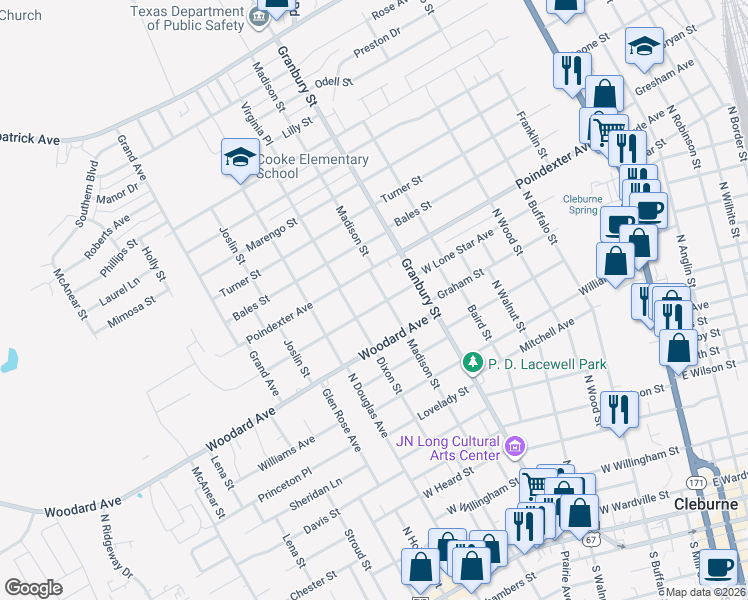 map of restaurants, bars, coffee shops, grocery stores, and more near 1004 W Lone Star Ave in Cleburne