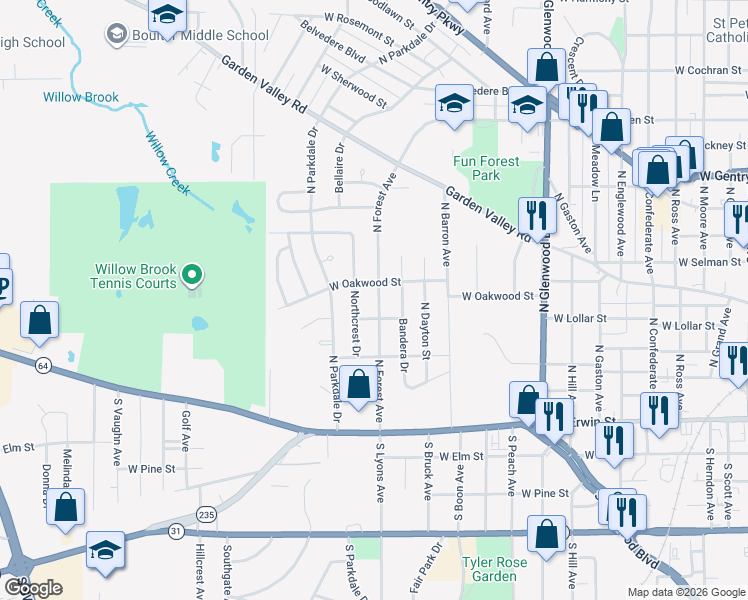 map of restaurants, bars, coffee shops, grocery stores, and more near 504 North Forest Avenue in Tyler