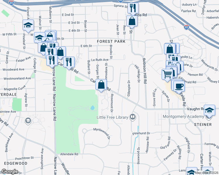 map of restaurants, bars, coffee shops, grocery stores, and more near 2457 Carter Hill Road in Montgomery