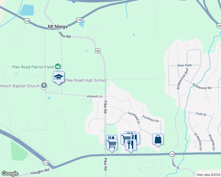 map of restaurants, bars, coffee shops, grocery stores, and more near 907 Pike Road in Pike Road