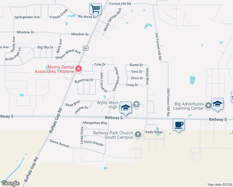 map of restaurants, bars, coffee shops, grocery stores, and more near 7809 Thompson Parkway in Abilene