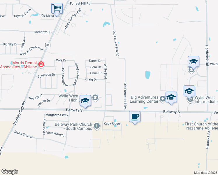 map of restaurants, bars, coffee shops, grocery stores, and more near 3820 Teel Drive in Abilene