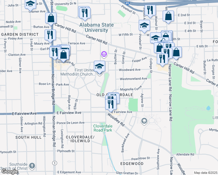 map of restaurants, bars, coffee shops, grocery stores, and more near 2465 East Cloverdale Park in Montgomery