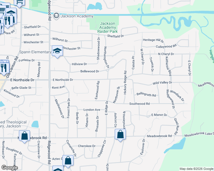 map of restaurants, bars, coffee shops, grocery stores, and more near 4463 East Ridge Drive in Jackson