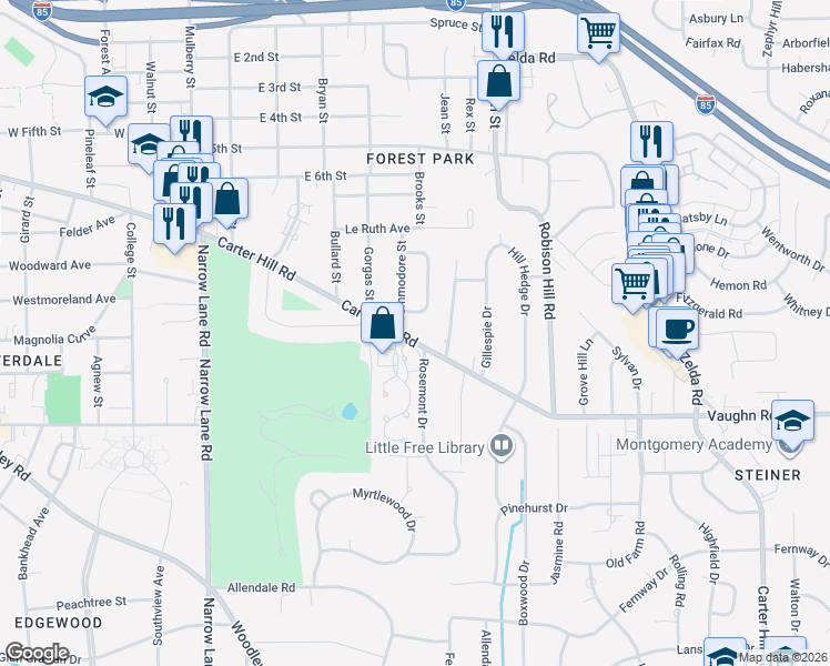 map of restaurants, bars, coffee shops, grocery stores, and more near 2457 Carter Hill Road in Montgomery