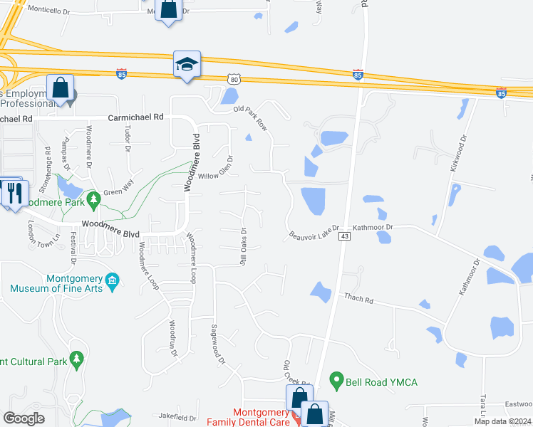 map of restaurants, bars, coffee shops, grocery stores, and more near 6317 Old Pond Road in Montgomery
