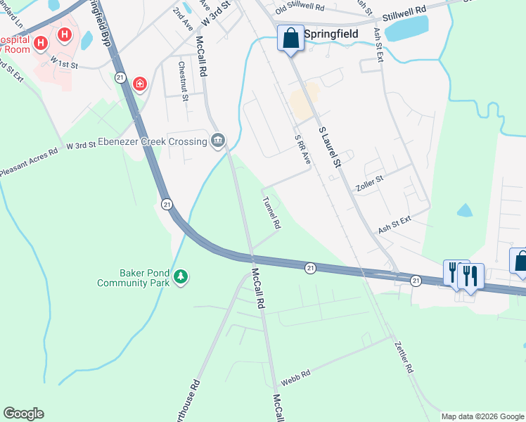 map of restaurants, bars, coffee shops, grocery stores, and more near 575 McCall Road in Springfield