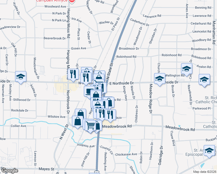map of restaurants, bars, coffee shops, grocery stores, and more near 4556 North State Street in Jackson