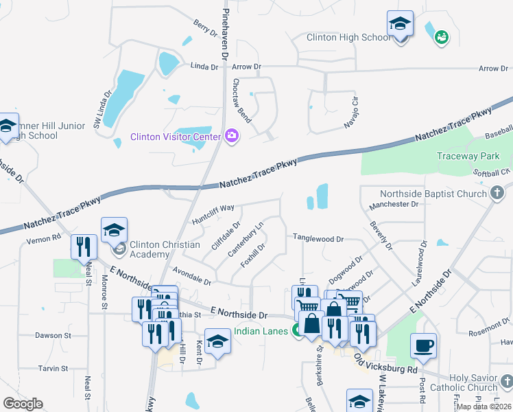 map of restaurants, bars, coffee shops, grocery stores, and more near 1419 Huntcliff Way in Clinton