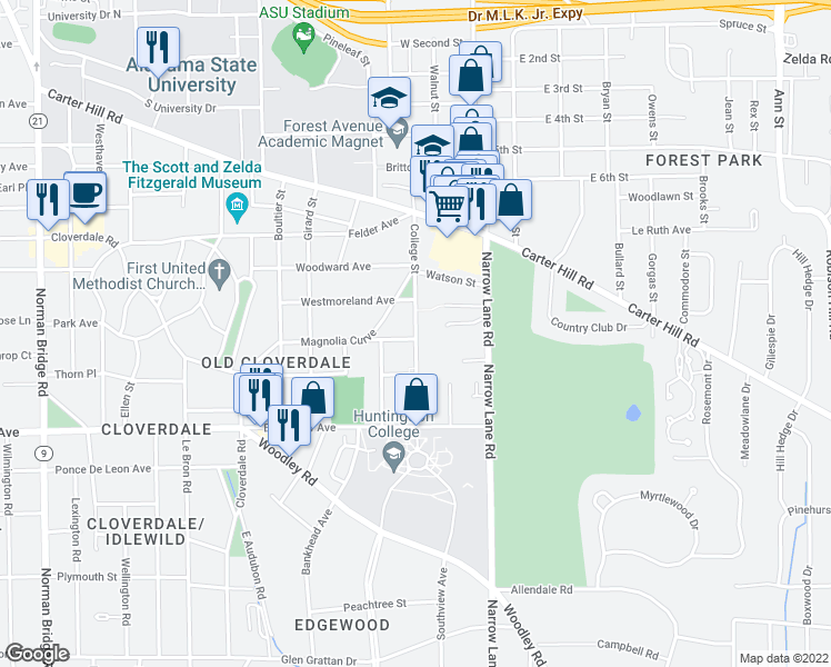 map of restaurants, bars, coffee shops, grocery stores, and more near 2348 College Street in Montgomery