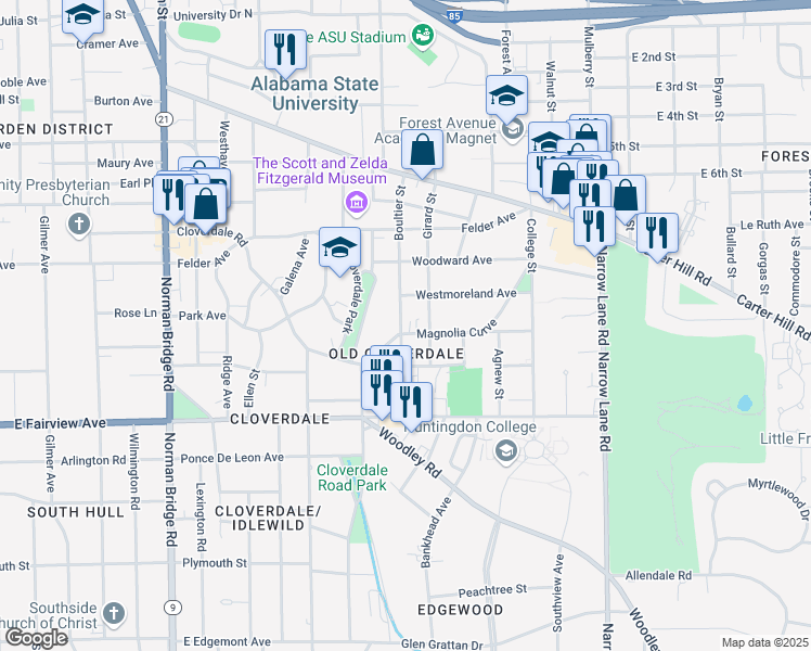 map of restaurants, bars, coffee shops, grocery stores, and more near 1103 Magnolia Curve in Montgomery