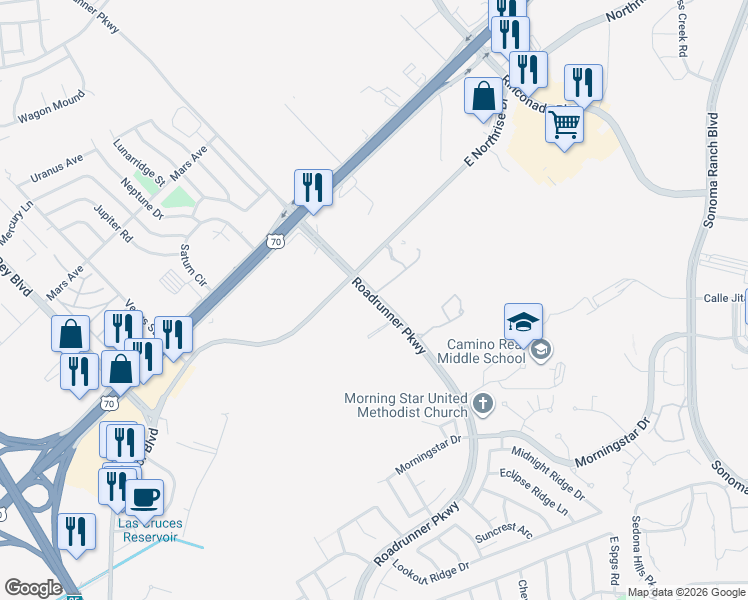 map of restaurants, bars, coffee shops, grocery stores, and more near 2750 East Northrise Drive in Las Cruces