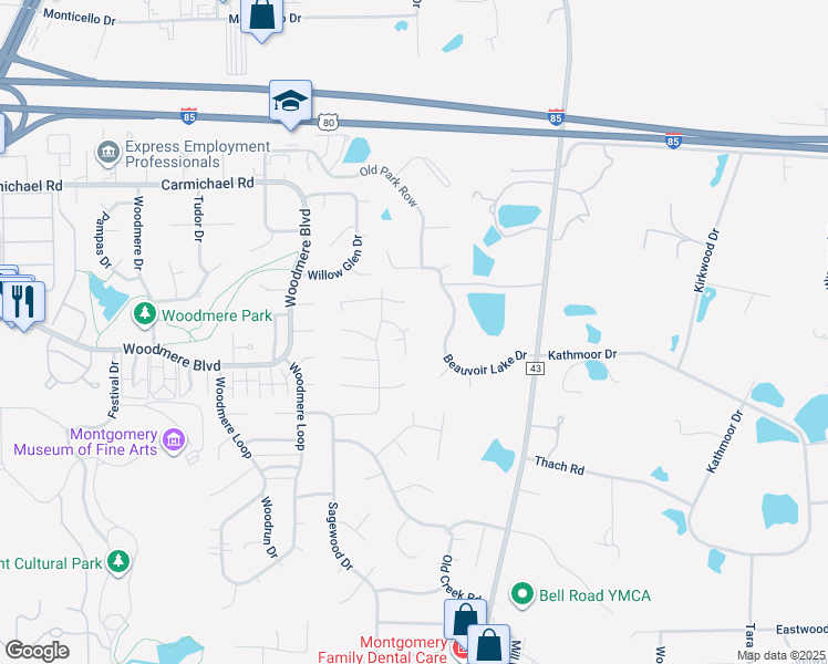 map of restaurants, bars, coffee shops, grocery stores, and more near 6316 Old Pond Road in Montgomery