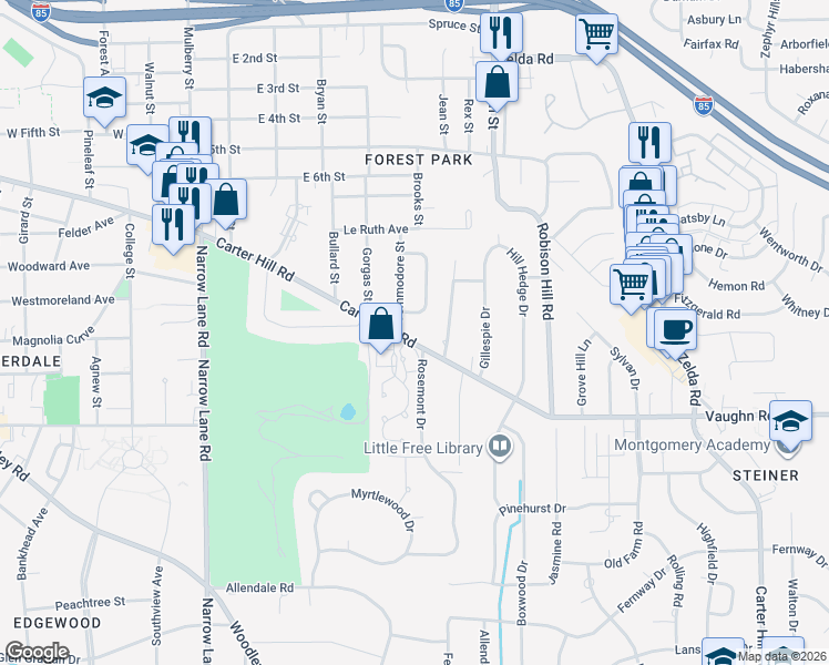 map of restaurants, bars, coffee shops, grocery stores, and more near 2457 Carter Hill Road in Montgomery