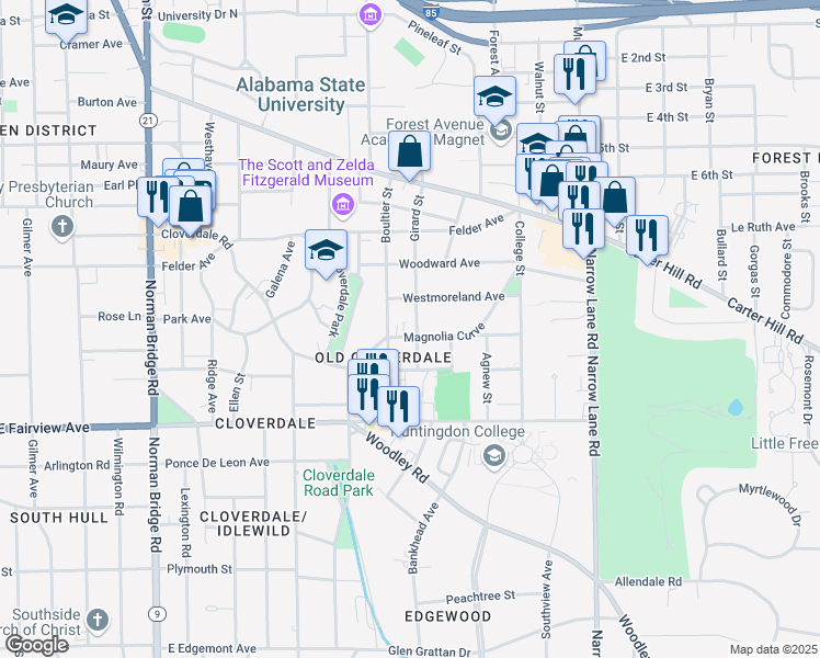 map of restaurants, bars, coffee shops, grocery stores, and more near 1211 Magnolia Curve in Montgomery