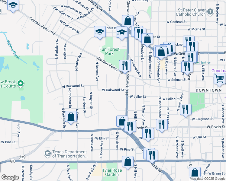 map of restaurants, bars, coffee shops, grocery stores, and more near 1806 West Oakwood Street in Tyler