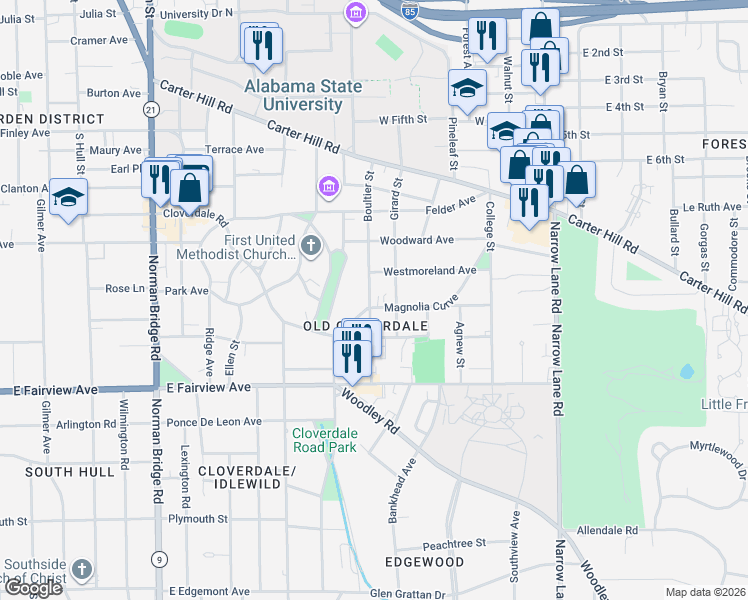 map of restaurants, bars, coffee shops, grocery stores, and more near 1103 Magnolia Curve in Montgomery