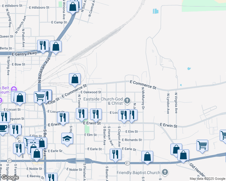 map of restaurants, bars, coffee shops, grocery stores, and more near 1320 East Oakwood Street in Tyler