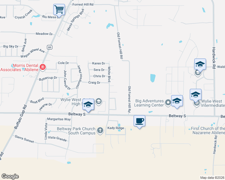 map of restaurants, bars, coffee shops, grocery stores, and more near 3820 Teel Drive in Abilene