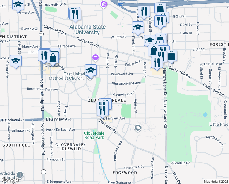 map of restaurants, bars, coffee shops, grocery stores, and more near 1211 Magnolia Curve in Montgomery