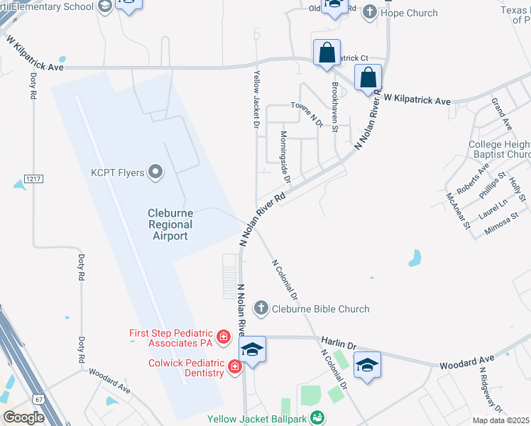 map of restaurants, bars, coffee shops, grocery stores, and more near 1106 North Nolan River Road in Cleburne