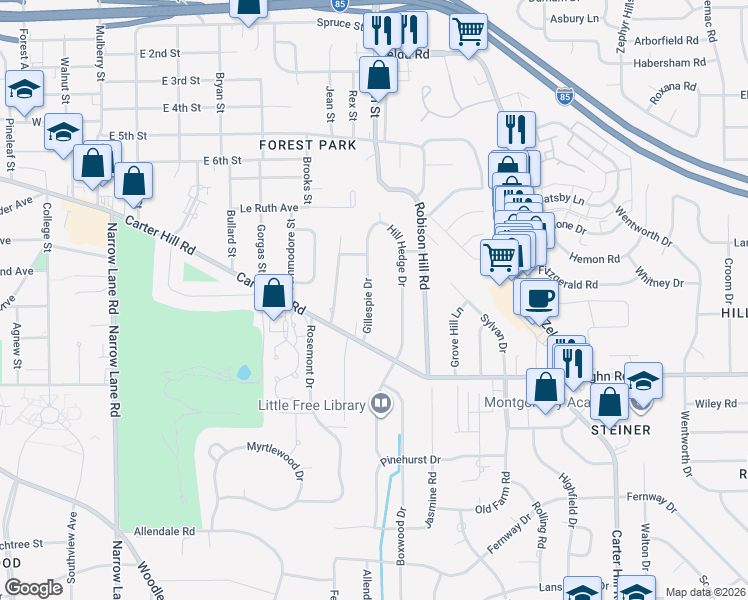 map of restaurants, bars, coffee shops, grocery stores, and more near 1837 Gillespie Drive in Montgomery