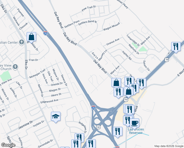 map of restaurants, bars, coffee shops, grocery stores, and more near 3405 Valverde Loop in Las Cruces
