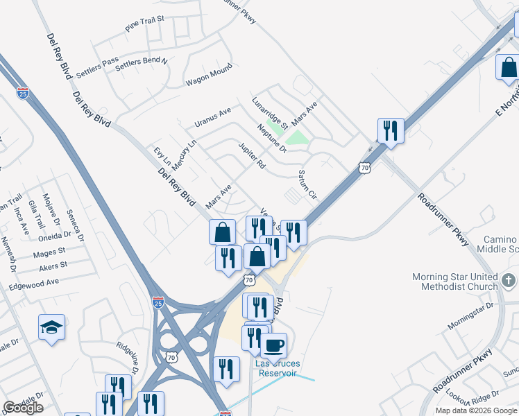 map of restaurants, bars, coffee shops, grocery stores, and more near Venus Street in Las Cruces