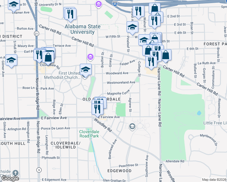 map of restaurants, bars, coffee shops, grocery stores, and more near 1211 Magnolia Curve in Montgomery