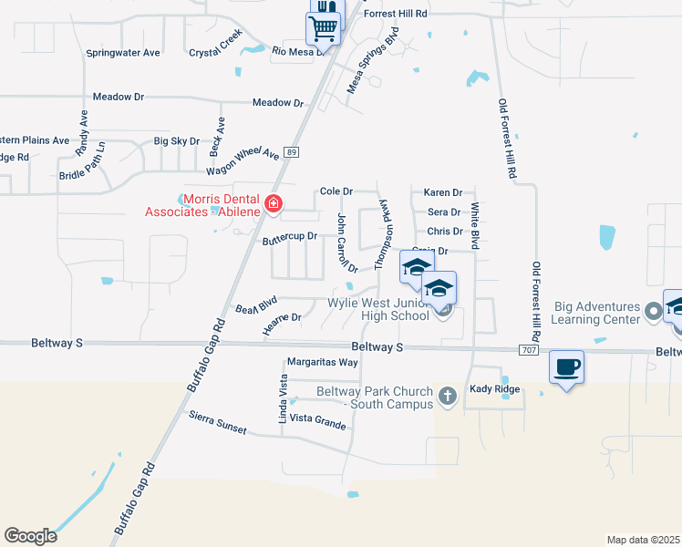 map of restaurants, bars, coffee shops, grocery stores, and more near 7734 John Carroll Drive in Abilene