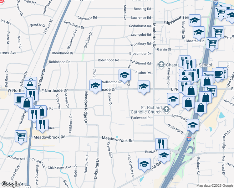 map of restaurants, bars, coffee shops, grocery stores, and more near 4515 Parisian Drive in Jackson