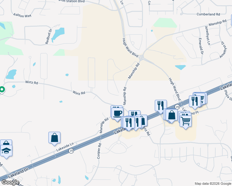 map of restaurants, bars, coffee shops, grocery stores, and more near 2151-2399 Manship Road in Flowood