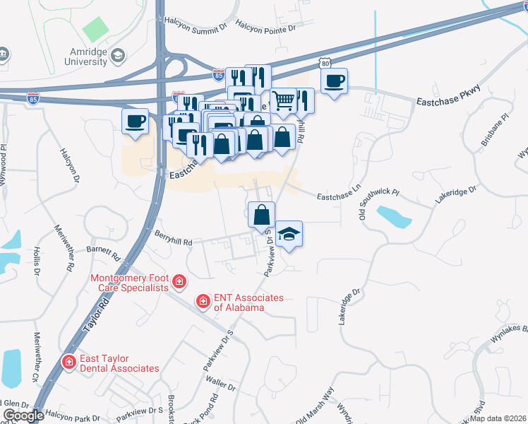 map of restaurants, bars, coffee shops, grocery stores, and more near 2101 Berryhill Road in Montgomery